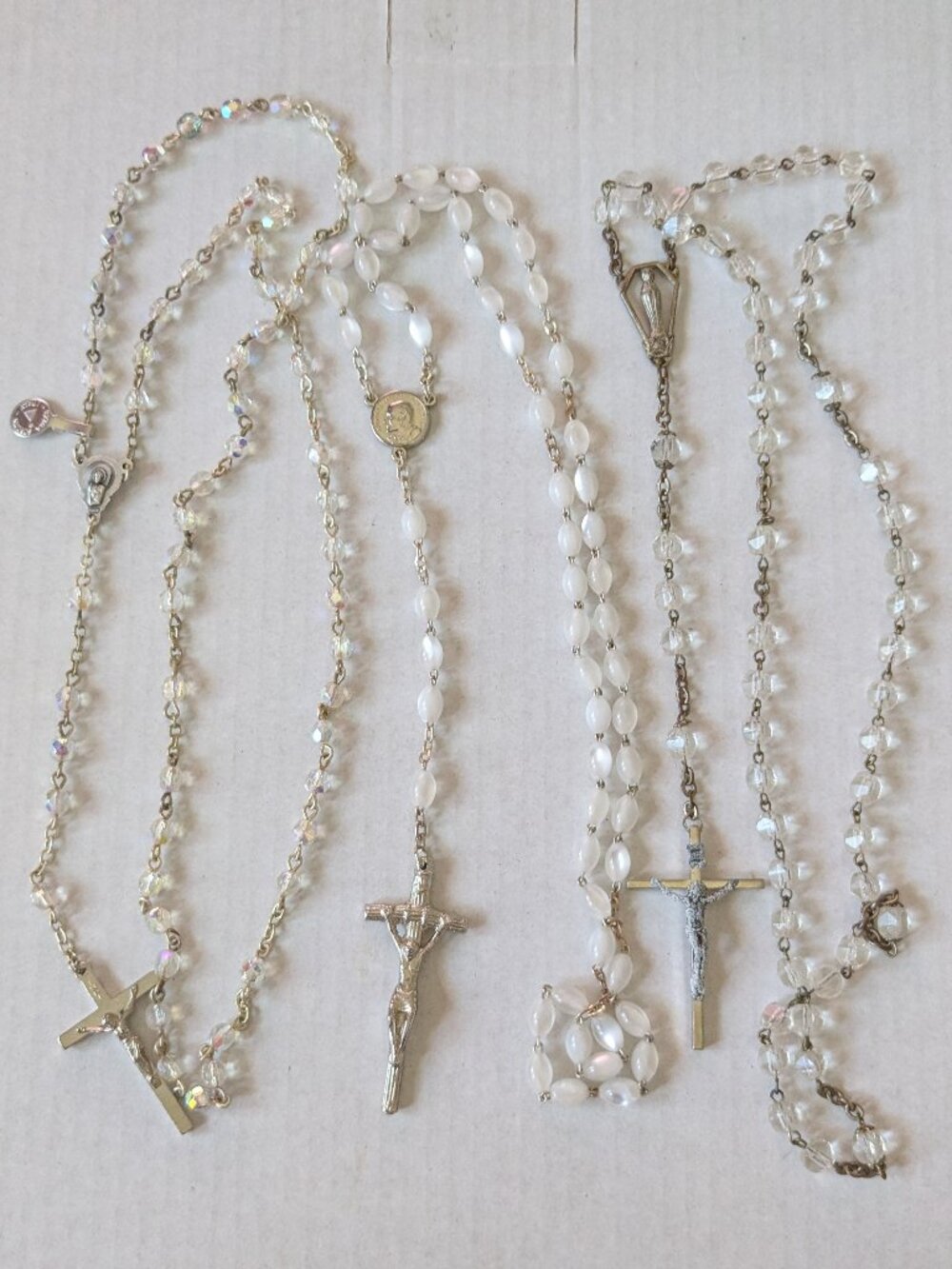 Vintage Lot (3) Faceted Glass Pearlescent White Beaded Silver Tone Rosaries